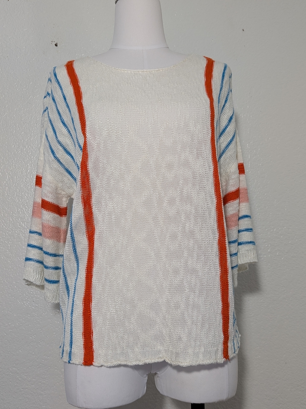 Source Unknown Women's Striped Knit Top in White with Blue & Orange Accents